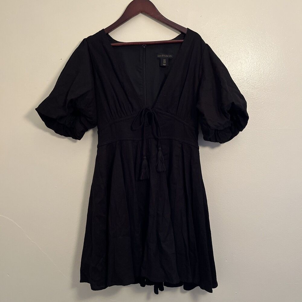 HOUSE OF HARLOW 1960 Linen Puff Sleeve Witchy Boho Peasant Dress, Black- Size 4